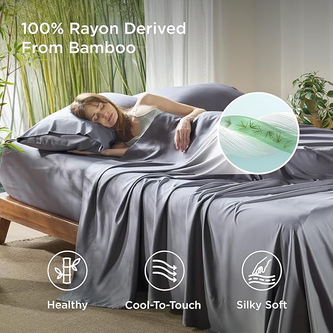 Bedsure Cooling Sheets for Full Size Bed, Viscose Derived from Bamboo, Deep Pocket up to 16", Breathable Soft Bed Sheets & Pillowcases, Dark Grey
