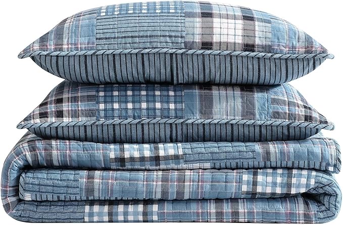 Eddie Bauer - Queen Quilt Set, Reversible Cotton Bedding with Matching Shams, Patchwork Plaid Bedding Set (Hawthorne Blue, Queen)