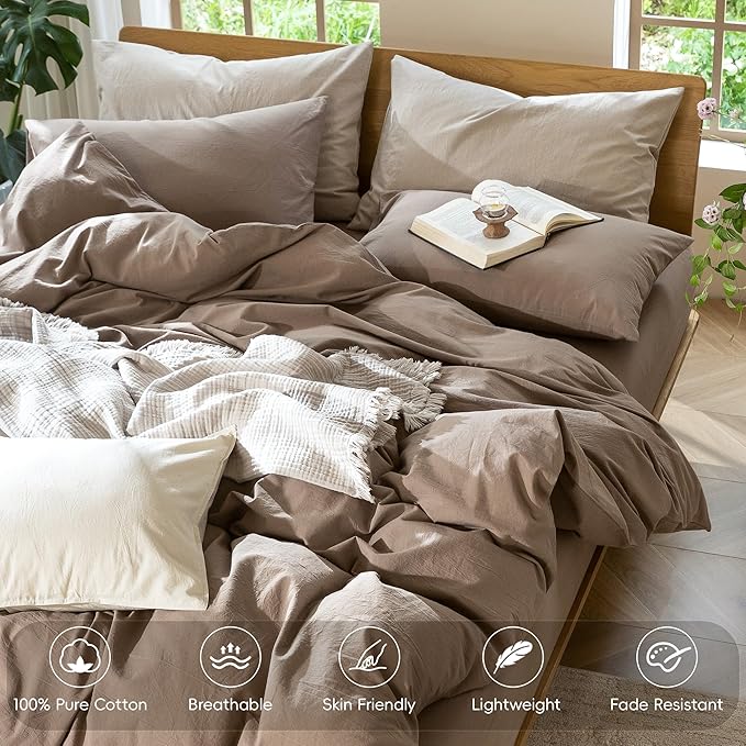 MooMee Bedding Duvet Cover Set 100% Washed Cotton Linen Like Textured Breathable Durable Soft Comfy (Solid Brown, Palatial King/Oversized King 120"x98")