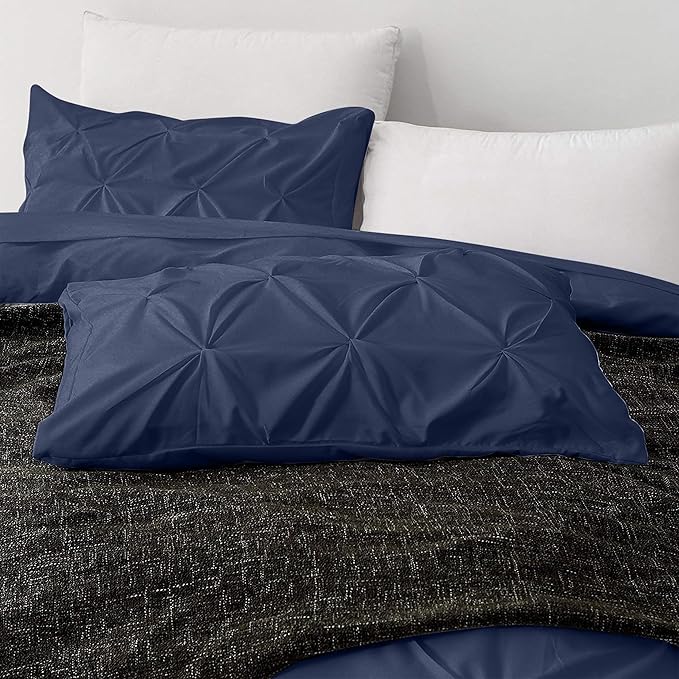 Pinch Pleated Duvet Cover Set 100% Brushed Microfiber 3PC Oversize Size 98x120 Duvet Cover Set, Decorative Pinch Design Navy Blue Duvet Cover with Matching Pillow Case