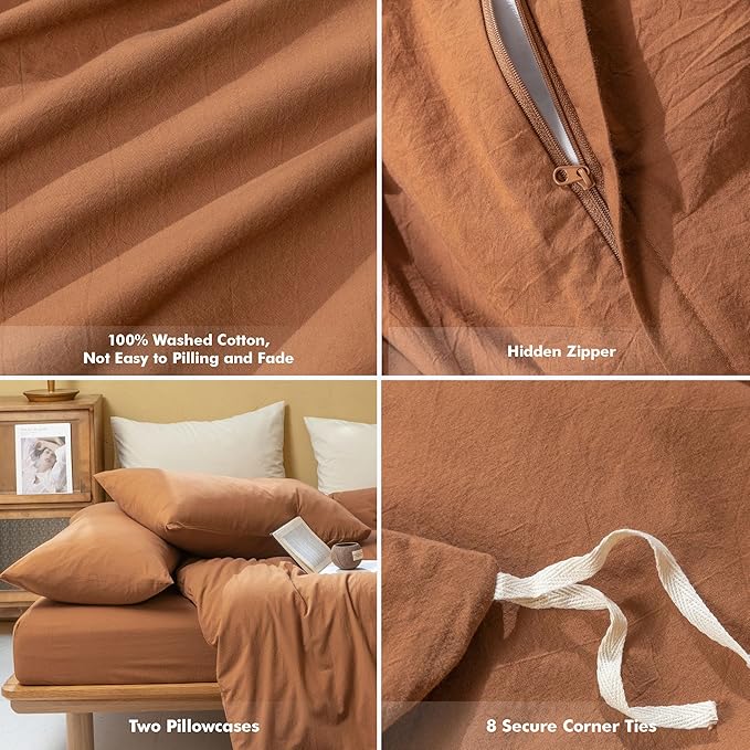 FOSSA Linen Duvet Cover Set 100% Washed Cotton Linen Feel Super Soft Breathable Cozy Simple Style 3 Pieces Bedding Sets Solid Dark Orange Super King Plus