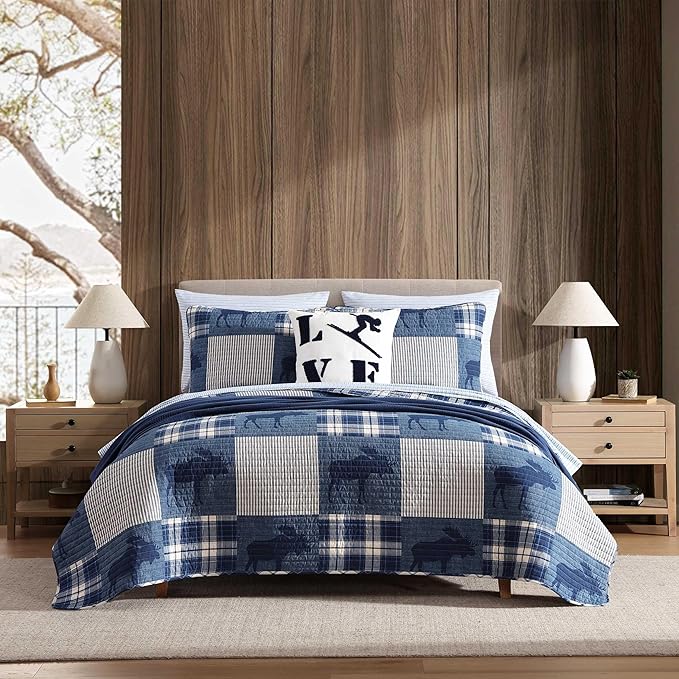 Eddie Bauer - Queen Quilt Set, Naturally Soft Cotton Bedding w/a Lightweight Feel for All-Year Comfort, Reversible w/Matching Pillowcases, 3 Piece Bed Set (Moose Plaid/Pinstripe/Patchwork Blue)