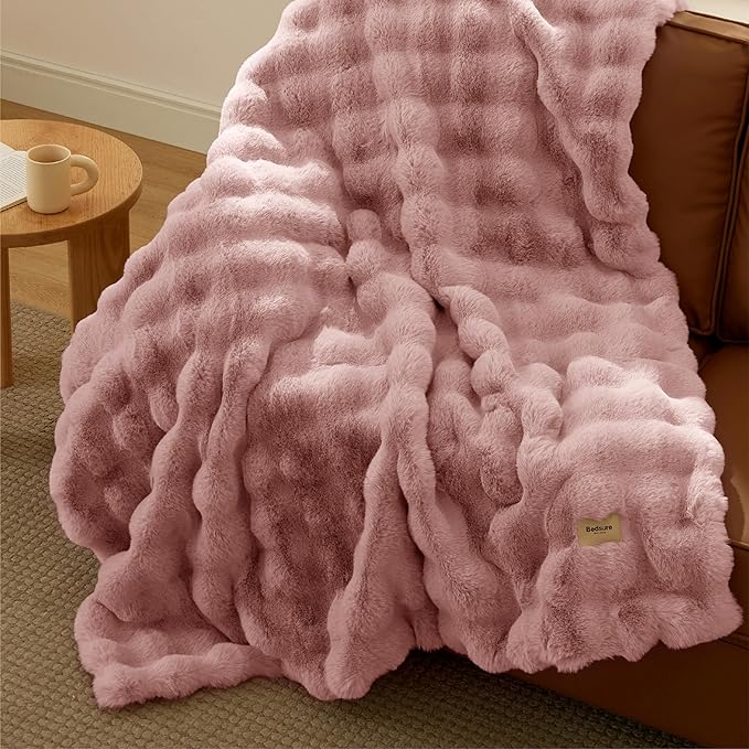 Bedsure GentleSoft Fluffy Faux Fur Blanket Twin Size, Fuzzy Soft Bubble Blanket for Couch, Home Decor Gifts for Bedroom Living Room, Thick Furry Cozy Gifts for Women, Dusty Rose, 60x80 Inch