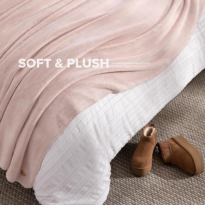 UGG Plush Full/Queen Blanket, Fleece Fluffy Blanket for Bed, Luxury Cozy Oversized Throw for Couch, Washable Hypoallergenic Cute Decor, 90" x 90", Quartz Pink (Whitecap)