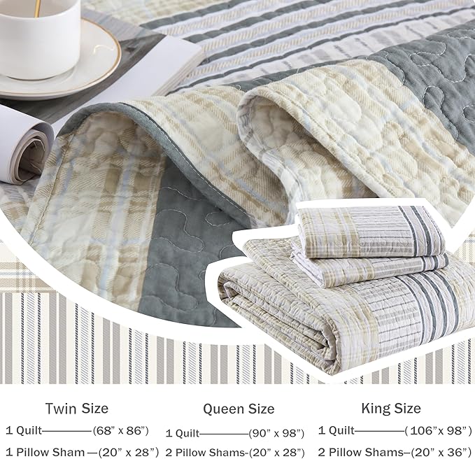 Homzard Twin Quilt, Cotton Comforter Set, Cream Grey Quilt Bedding,Reversible Lightweight Twin Bedspread,2 Pieces