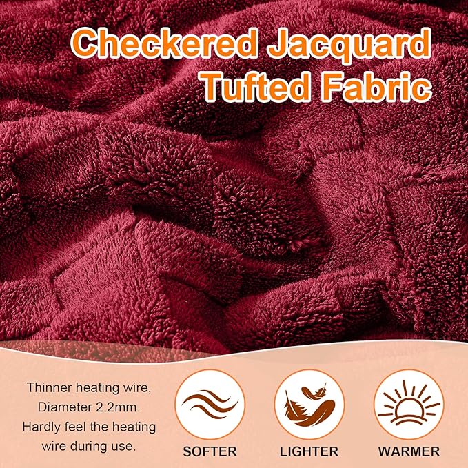 Electric Heated Throw Blanket - Jacquard Checkered Sherpa 50"x60" Fast Heating Bed Blankets with 6 Heating Levels & 4 Hours Auto Off, Over-Heat Protection ETL, Red