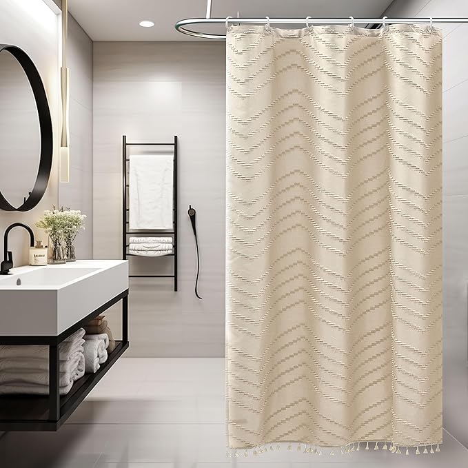 Stall Shower Curtain 36x72 Beige Fabric Shower Curtain Stall Size Cloth Shower Curtains Tufted Chevron Striped Textured Modern Farmhouse Minimalist for Bathroom Decor