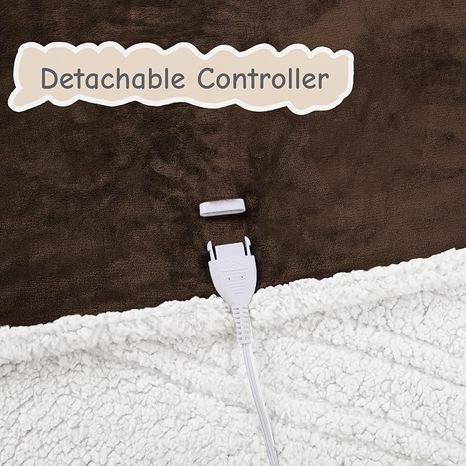 Electric Heated Blanket Queen Size 84"x90", Soft Flannel with Dual Controllers & Overheat Protection, 6 Adjustable Heat Settings & 10-Hour Auto-Off Timer, Fast Heating for Winter Comfort, Dark Brown