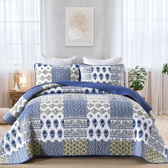 Mybedsoul Blue Quilt Set King Size 3 Pieces Boho Plaid Aqua Blue Floral Bedspread Set Microfiber Lightweight Bohemian Bedding Set for All Season (1 Quilt + 2 Pillow Shams) 90"x104"