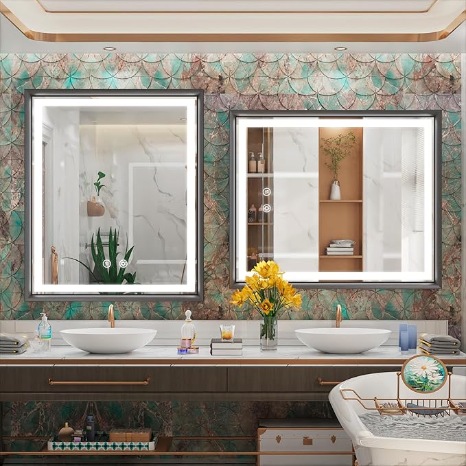 30x36 Inch LED Mirror for Bathroom, 3 Color Temperatures (3000K/4500K/6000K), Anti-Fog, Dimmable Lights, Memory Function, Matte Black Aluminum Frame