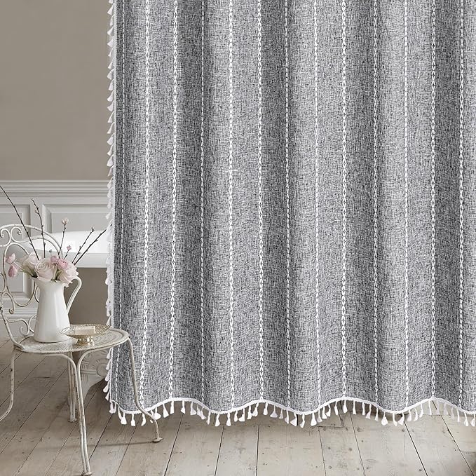 MitoVilla Dark Grey Boho Small Stall Shower Curtain Set 36 x 72, Half Size Narrow Polyester Linen Fabric Shower Curtains for Farmhouse Bathroom Decor, Charcoal Grey
