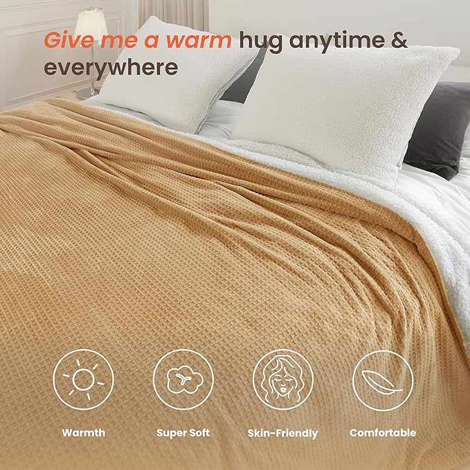 Heated Blanket Electric Blanket King Waffle, 90x100 Inches Dual Controllers Sherpa Fleece Fast Heating Blanket 6 Heating Levels & 10 Hours Auto Off ETL Certification, Caramel King