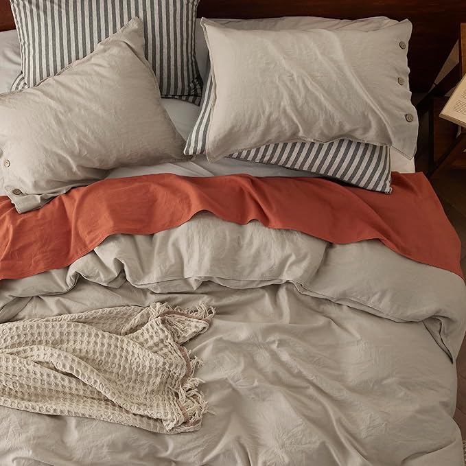 Bedsure Linen Duvet Cover Queen Size - Linen Cotton Blend Bedding Set, Soft & Cozy, 3 Pieces, 1 Duvet Cover 90x90 Inches and 2 Pillowcases, Natural Color Cooling Bedding, Comforter Sold Separately