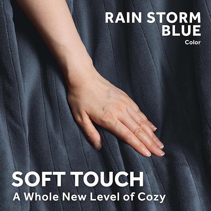 Sunbeam Royal Posh Velvet Heated Throw Electric Blanket, 50" x 60", 4 Heat Settings, 4-Hour Auto Shut-Off, Warming Throw for Couch, Fast Heating, Machine Washable, Warm and Cozy, Rain Storm Blue