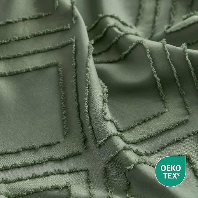 JELLYMONI Duvet Cover Twin Size Green - 3PCS Boho Duvet Cover Set Plaid Polyester Tufted Bohemian Jacquard Knit Textured Comforter Cover 68×90in Rhombic Geometric Pattern Corner Ties & Zipper