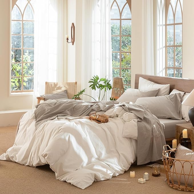 MooMee Bedding Sheet Set 100% Washed Cotton Linen Like Textured Breathable Durable Soft Comfy (Heathered Tannish Linen Grey, Full)