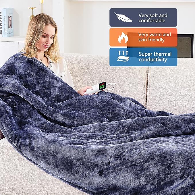 greenoak Heated Electric Blanket Throw, Faux Fur Sherpa Heating Blanket for Sofa Bed, Warm Winter Gifts for Dad/Grandma, Heater Lap Blankets 5-Position Timer &10 Heating Levels 72''*84" Cobalt