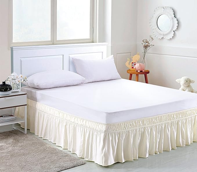 MEILA Wrap Around Bed Skirt Three Fabric Sides Elastic Dust Ruffled 24 Inch Tailored Drop,Easy to Install Fade Resistant-Ivory, Twin/Full