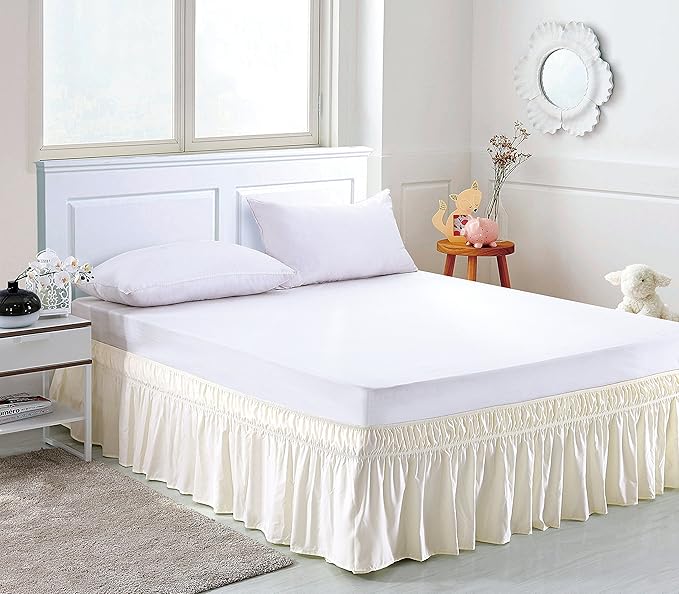 MEILA Wrap Around Bed Skirt Three Fabric Sides Elastic Dust Ruffled 14 Inch Tailored Drop,Easy to Install Fade Resistant-Ivory, Twin/Full