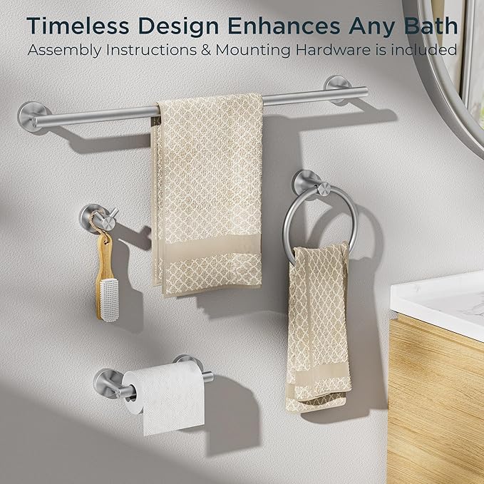 FORIOUS Bathroom Hardware Accessories Set, SUS304 Stainless Steel 24 Inch Towel Bar Set, Modern Towel Racks Holder for Bathroom Wall Mounted, 4 Pieces, Brushed Nickel