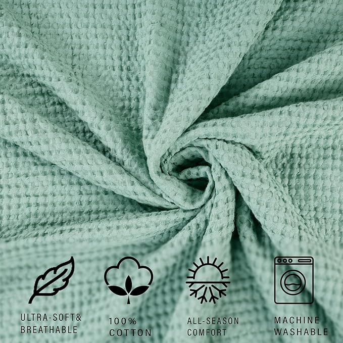 HILLFAIR 100% Combed Cotton Blanket– King Size Bed Blankets– Warm Soft All Season Breathable Lightweight Summer Waffle Weave Home Decor Bed Blanket- Sage King Bed Cotton Blankets/Bedcovers