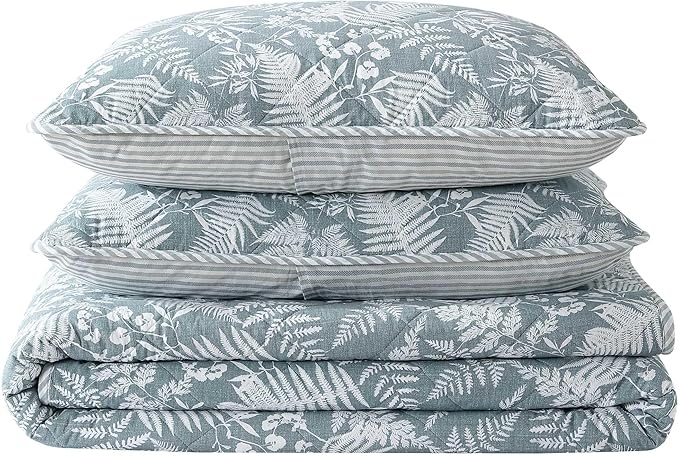 Eddie Bauer - Twin Quilt Set, Reversible Cotton Bedding with Matching Sham, Wildflower Inspired Home Decor with Stripe Reverse (Fern Garden Green, Twin)