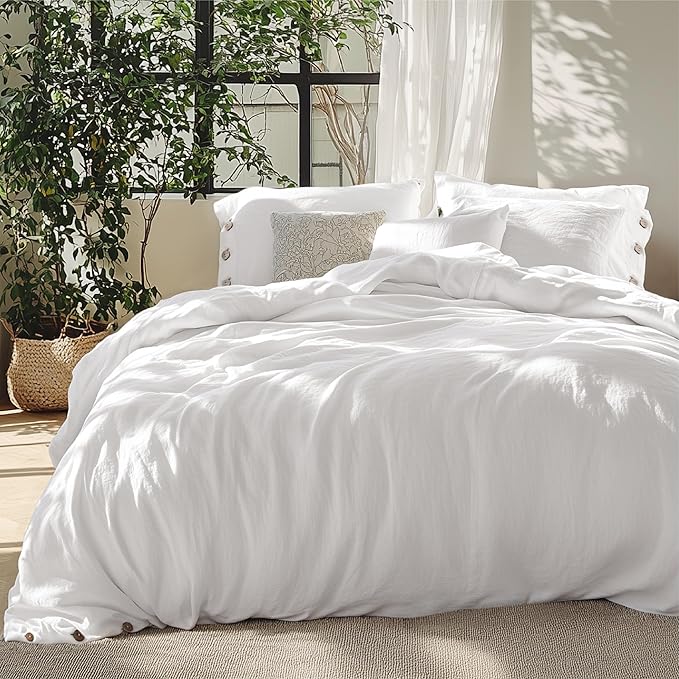 Bedsure Linen Duvet Cover King Size - Linen Cotton Blend Bedding Set, Soft & Cozy, 3 Pieces, 1 Duvet Cover 104x90 Inches and 2 Pillowcases, White Color Cooling Bedding, Comforter Sold Separately