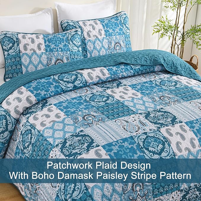 WONGS BEDDING Boho Quilt Set Queen Size,Teal Blue Plaid Patchwork Bedspread Bedding Set Soft Microfiber Quilt for Queen Bed Reversible 3 Pieces Coverlet Set for All Season (96"x90")