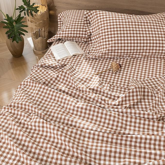 MooMee Gingham Sheet Set 100% Washed Cotton Linen Like Textured Breathable Soft w/ Fully Elasticized 16-19" Deep Pocket (Classic Gingham Dark Orange, Queen)