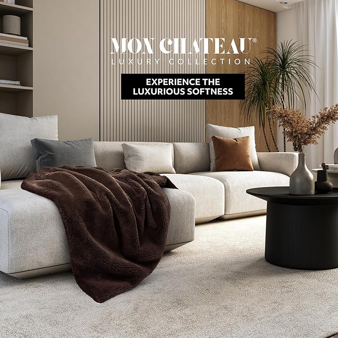 Mon Chateau 60" x 70" Embrace Foldover Faux Fur Throw, Plush Throw with 6cm Foldover for Couch, Sofa, or Bed, Ultra Soft Blanket for Sleeping or Home Decor, Chestnut