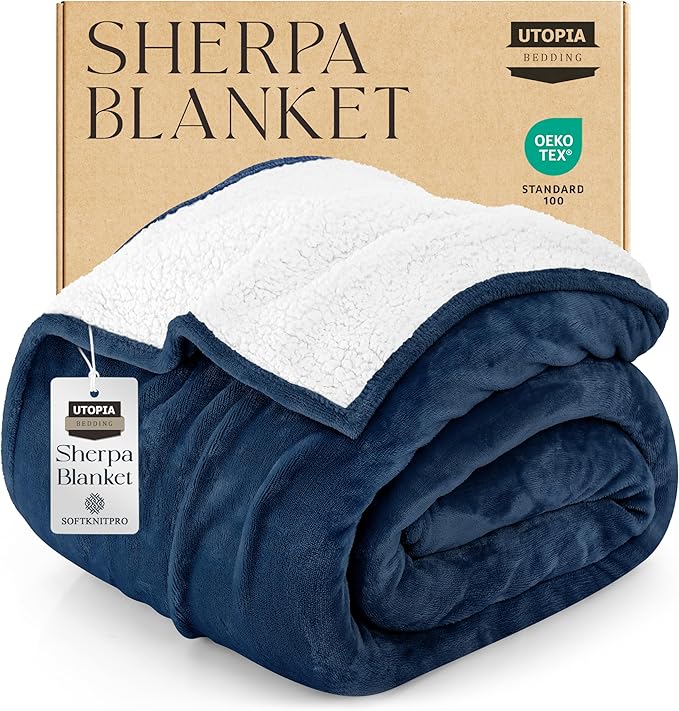 Utopia Bedding Sherpa Blanket California King Size (Navy, 102x96 Inches) - Soft Lightweight Plush Fleece Reversible Blanket for Bed, Sofa, Couch, Camping and Travel