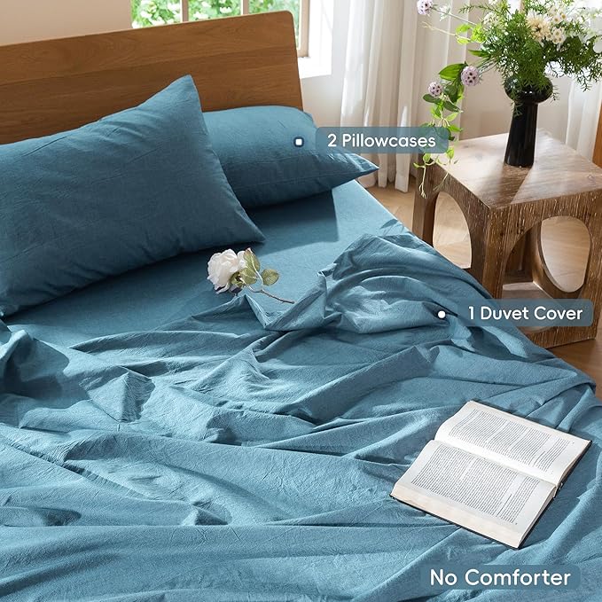 MooMee Bedding Duvet Cover Set 100% Washed Cotton Linen Like Textured Breathable Durable Soft Comfy (Heathered Peacock Blue, Oversized Queen 98"x98")