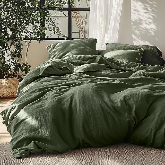 Bedsure Linen Duvet Cover King Size - Linen Cotton Blend Bedding Set, Soft & Cozy, 3 Pieces, 1 Duvet Cover 104x90 and 2 Pillowcases, Olive Green Color Cooling Bedding, Comforter Sold Separately