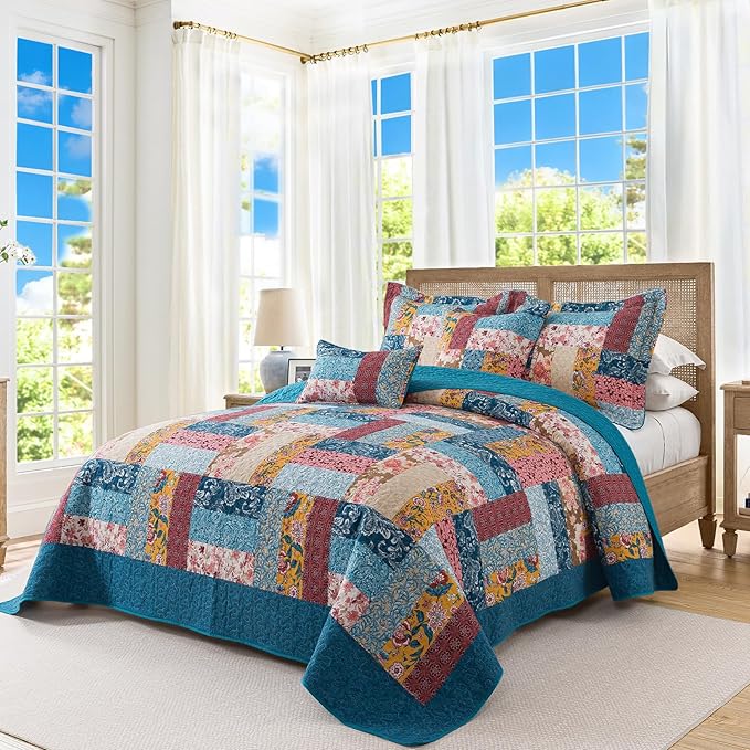 BEDIFANY Cotton California King Quilt Set - Farmhouse Bedspread with Vibrant Floral Pattern, 3-Piece Lightweight Oversized King Size Coverlet (108x118 Inch), All Seasons Multicolor Quilt Bedding Set