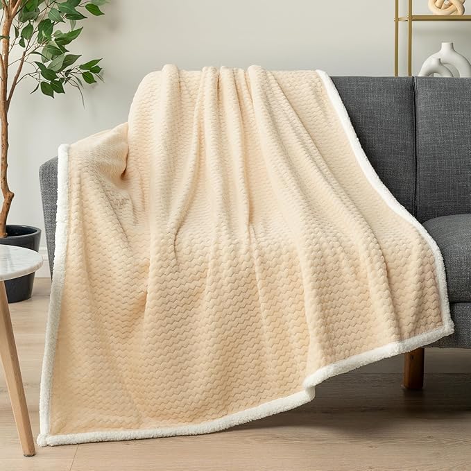 PAVILIA Cream Twin Bed Blanket Reversible Sherpa Chevron, Soft Cozy Jacquard Weave Textured Throw Sofa Couch, Thick Warm Large Fleece Car Blanket, Decorative Plush Home Decor Gift, 60x80 Ivory Beige