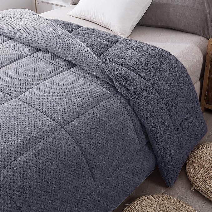 KASENTEX Super Ultra Soft Luxury Plush Sherpa Comforter, Cozy Reversible Fleece - Goose Down Alternative Fill, Machine Washable Bedding, Excalibur Grey, King Size
