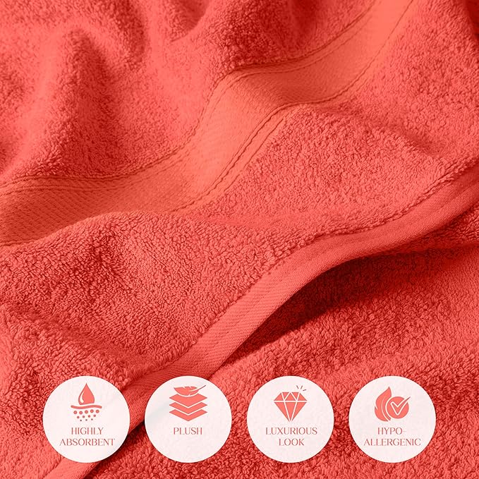 Superior Egyptian Cotton Pile Bath Towel Set of 2, Ultra Soft Luxury Towels, Thick Plush Essentials, Absorbent Heavyweight, Guest Bath, Hotel, Spa, Home Bathroom, Shower Basics, Coral