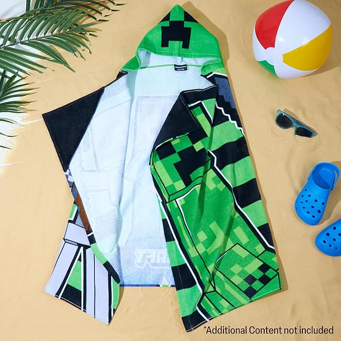Minecraft Towelling Poncho Kids Teens Hooded Bath Towels Absorbent Beach Towel (Green/Black, 6-14 Years)