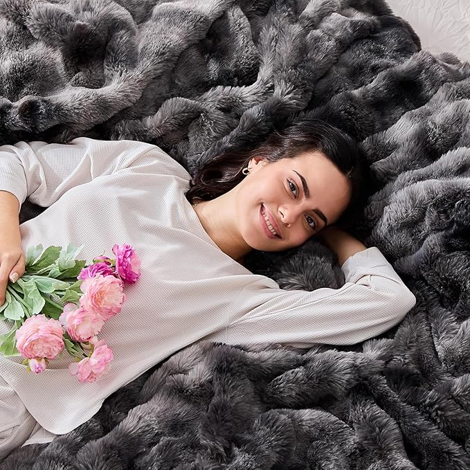 Fluffy Throw Blanket - Luxury Faux Rabbit Fur, Soft, Warm, Cozy & Fuzzy - Tie-Dyed Purple Dark Grey (King Size 108''x90'')