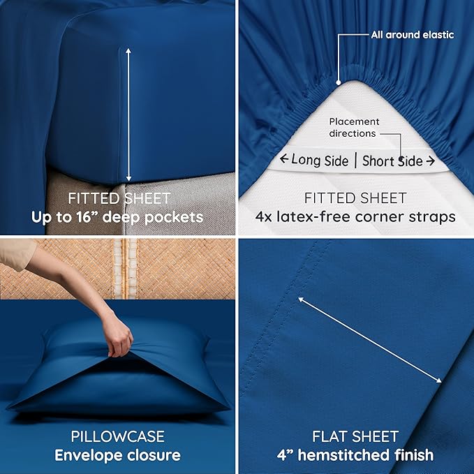 Bambaw Queen Sheet Set 6pcs – 100% Viscose Derived from Bamboo Bed Sheets Queen Size, Breathable Cooling Sheets, Luxury Sheets, Buttery Soft Bed Sheets, Deep Pockets Fits Up to 16'' (Navy Blue)