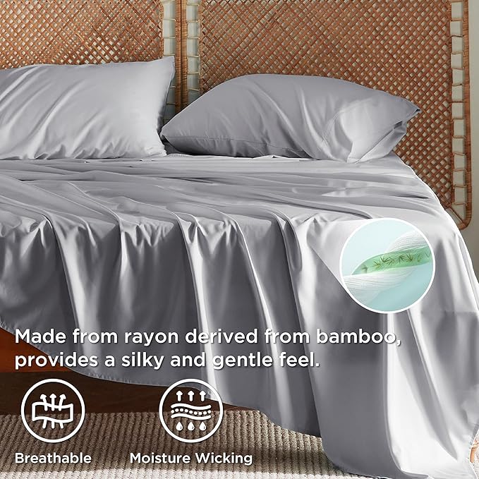 Bedsure California King Sheet Sets, Cooling Sheets, Rayon Derived from Bamboo, Breathable & Soft, Deep Pocket Up to 16 Inches, Hotel Luxury Silky Bedding for Hot Sleepers, Silver Grey