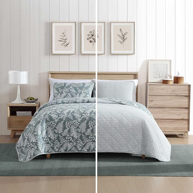 Eddie Bauer - Twin Quilt Set, Reversible Cotton Bedding with Matching Sham, Wildflower Inspired Home Decor with Stripe Reverse (Fern Garden Green, Twin)