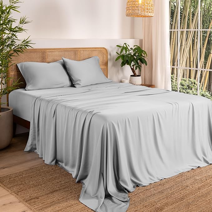 Bare Home 100% Rayon Made from Bamboo Split Head Flex King Sheet Set - 4 Piece Bedding Set - Deep Pockets - Breathable - Easy Fit - Bedding Sheets & Pillowcases (Split Head Flex King, Cloud Grey)
