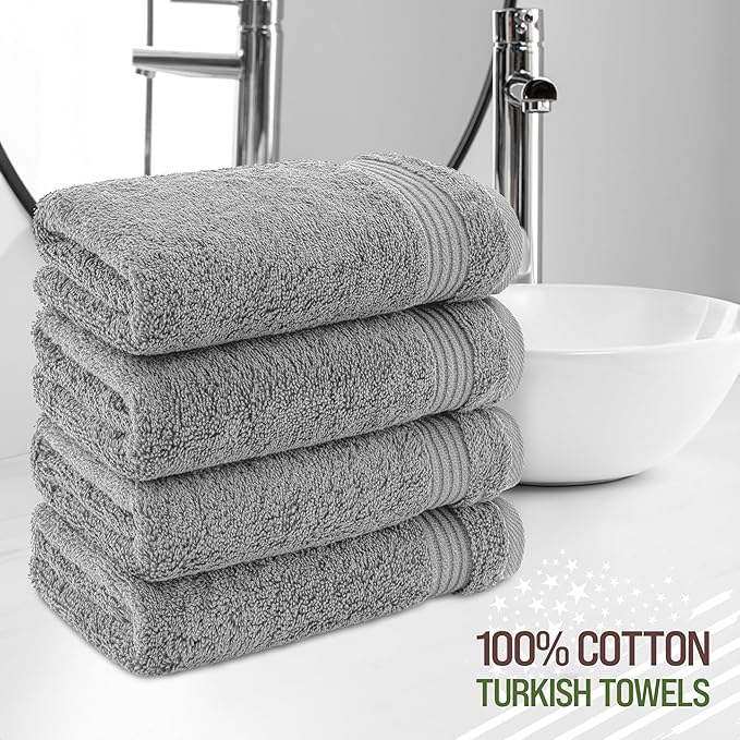 American Veteran Towel, Hand Towels for Bathroom Set of 4, 100% Cotton Turkish Hand Towel Sets, Soft Hand Face Towels, Light Grey Hand Towels