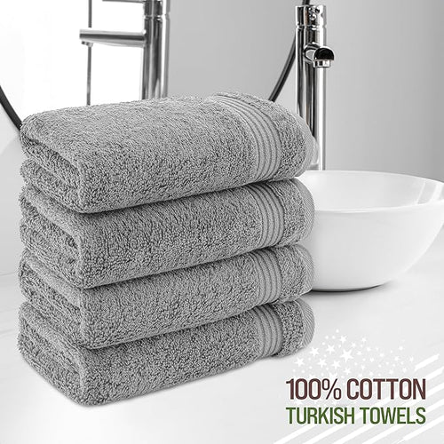 American Veteran Towel, Hand Towels for Bathroom Set of 4, 100% Cotton Turkish Hand Towel Sets, Soft Hand Face Towels, Light Grey Hand Towels