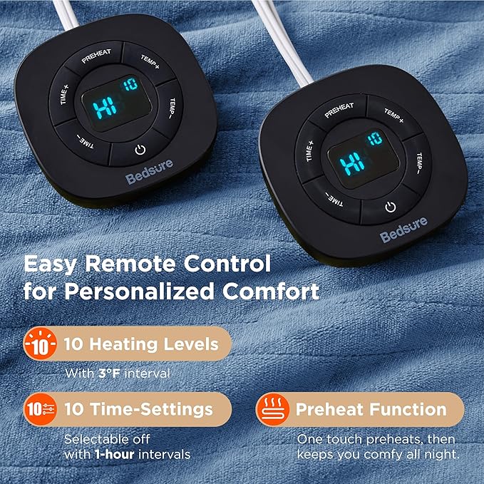 Bedsure Electric Blanket King Size - Dual Control Heated Blanket King Size, Fast Heating with 10 Time Settings & 10 Heat Settings, Warm Gift for Grandma (100x90 inches, Blue)