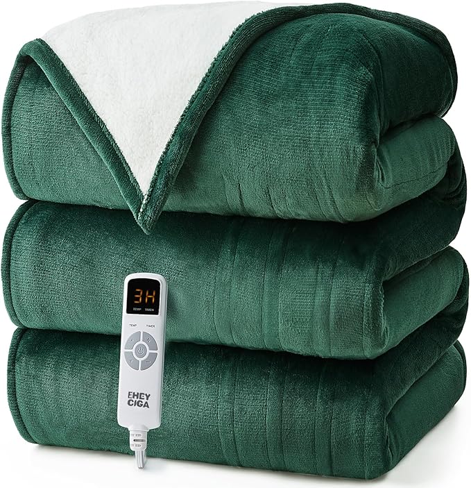EHEYCIGA Electric Heated Blanket Throw - 9 Heating Levels, 10 Hours Auto Off, Soft Cozy Sherpa Washable With Fast Heating, 50 x 60 Inches