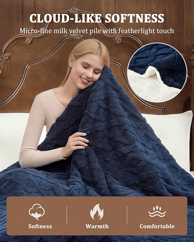 CAROMIO Electric Blanket Queen Size Dual Control - Thick Tufted Sherpa Heated Blanket Queen with 6 Heat Levels and 20 Time Settings, ETL Certified Fast Heating Blanket Queen Size 84"×90", Navy Blue