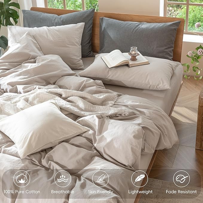 MooMee Bedding Duvet Cover Set 100% Washed Cotton Linen Like Textured Breathable Durable Soft Comfy (Solid Light Tan, Twin 68"x90")