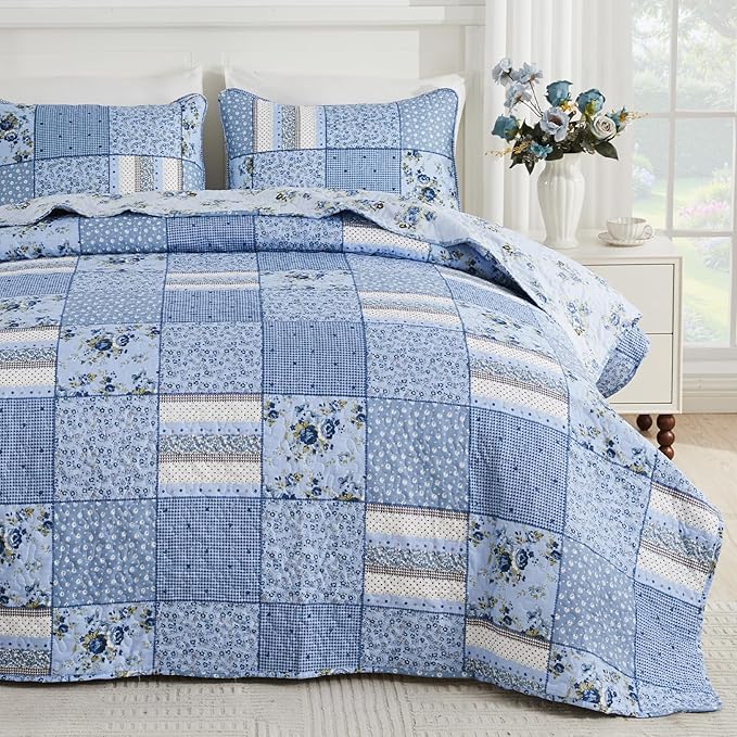ENJOHOS Blue Plaid Floral Quilt Set King Size 98"x106", 3 Pcs Boho Bedspread Coverlet Set for All Season, Patchwork Reversible Bedding Set King